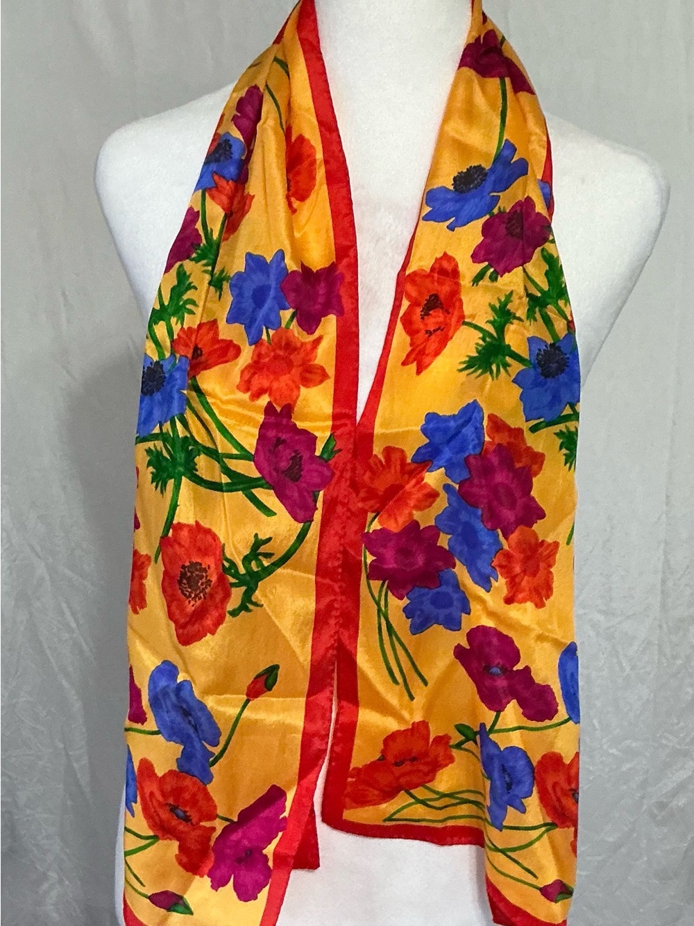 Liz Claiborne Golden Yellow Floral Silk Scarf with Red Border